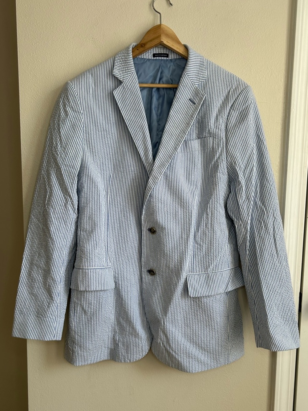 Stafford Seersucker Sport Coat Blue White Pin Stripe Blazer Size 42L Classic Fit